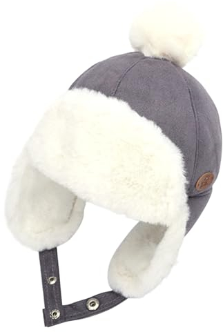 Petalum Skimütze für Babys, Kinder, Jungen, Mädchen, Plüsch, dick, warm, Thermofutter, Fleece, Sturmhaube, Winter, mit Bommel, grau, Einheitsgröße