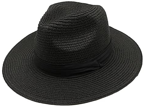 SDKZBFC Womens Beach Sun Wide Brim Straw Hat UPF50+ Panama Summer Beach Sun Hat for Unisex Black