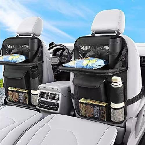 2 Pack Car Seat Organiser, Car Seat Storage with Foldable Dining Table Holder Multi Pockets, Come with Car Seat Centre Storage Mesh, Multi Purpose Car Organiser for Toys, Snacks, Travel Essentials