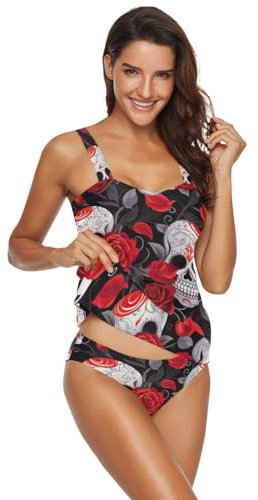 CHIFIGNO Damen Tankini Badeanzug 2 Stück Badeanzug Bescheidene Bademode Tankini Badeoberteil mit Shorts, Funny Sugar Skulls Red Roses, S