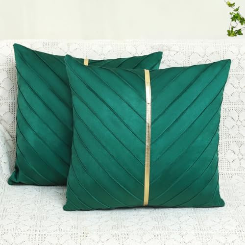 XIEJINJIA 2er Set Samt Kissenbezug mit Gold Leder Kissenhülle Sofakissen Dekorative Dekokissen Zierkissenbezüge für Couch Schlafsofa Wohnzimmer Schlafzimmer 45 x 45 cm Grün