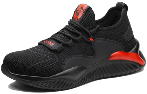 Zapatos de Seguridad para Hombre Mujer Calzado Seguridad Deportivo Puntera de Acero Zapatos de Trabajo Comodo Transpirabilidad Zapato Cocina Antideslizante Botas de Seguridad Negro Rojo 42EU