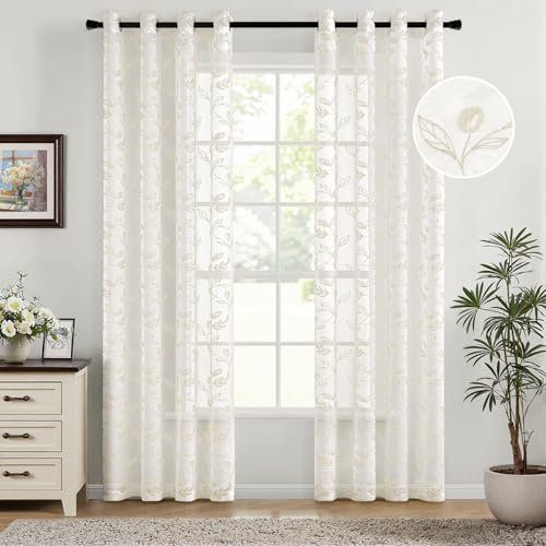 Woaboy Gardinen Creme Blätter Muster Voile Vorhänge mit Ösen Wohnzimmer Transparente Ösenschal Sheer Voile Curtains für Schlafzimmer 2er Set 140x225cm(BxH)