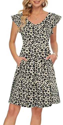 PLOKNRD Sommerkleid Damen V-Ausschnitt Midi Kleider mit Taschen Knielang Blütenblättern Kurzarm Freizeit Strandkleider Leopardenmuster S