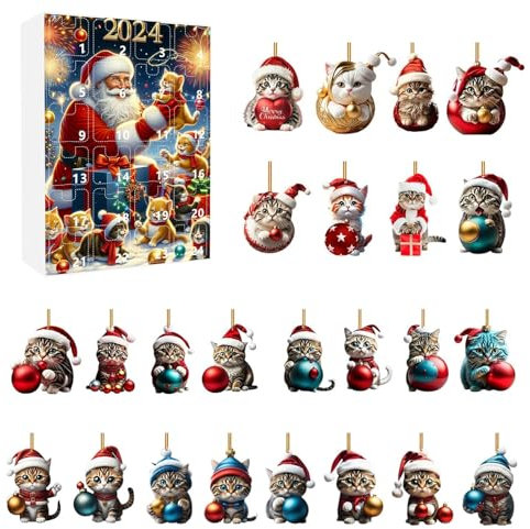 Katze Adventskalender 2024, 24 Tage Weihnachten Adventskalender Ornamente, Weihnachtsbaum 2D Acryl Katze Anhänger Dekorationen, Weihnachten Adventskalender Anhänger, Countdown Überraschung für