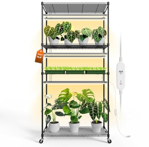 Bstrip Plant Shelf with Grow Light with Timer, Tall Plant Stand with Adjustable Rack and Wheels, 6 Pack T5 3FT Full Spectrum Grow Lights for Indoor Plants, Seed Starting, Seed Tray, 35.4x13.8x70.8