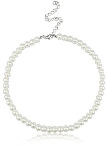 Zimoer Perlenkette Damen Weiße Perlen Ketten Perlendurchmesser 8–10 mm, Imitation Perle Halskette Kostüm Accessoires Retro Stil Silberne Metallkette für Bräute Frauen Mädchen (Silver, 10mm)