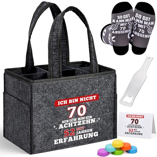 Alishomtll Geschenk zum 70 Geburtstag Flaschentasche für Männer, Filz Männerhandtasche Bier 6 Flaschen, Bierfest Vatertag Herrenhandtasche mit Flaschenöffner, Bier Socken, Flaschenverschluss, Grau