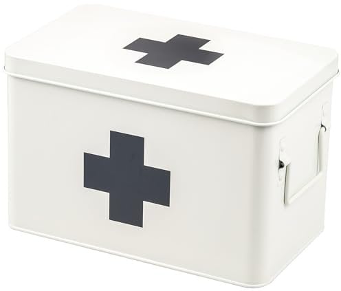 eluno große Medizinbox zur Aufbewahrung von Verbandsmaterial, Medizin und Arzneimittel, mit herausnehmbarem Tablett und 5 geräumigen Bodenfächer für Medikamente, Apothekenbox aus Metall (weiß)