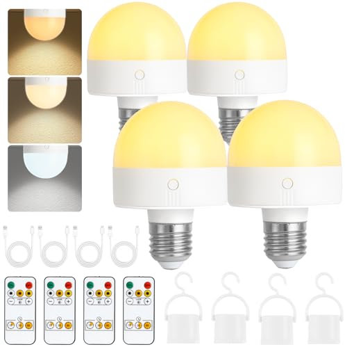 Psatfito Wiederaufladbare Glühbirne mit Timer und Fernbedienung, dimmbare Batterie-Leuchtmittel mit Magnetfuß, E27/E26 abnehmbare LED-Lampe, nicht verdrahtete Lampen mit 3 Farbtemperaturen, 4