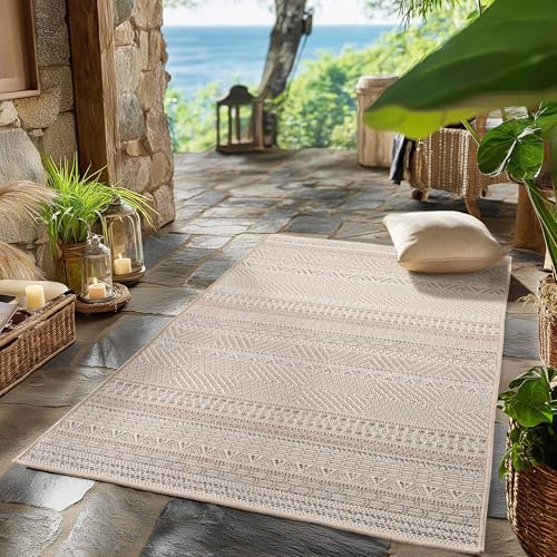 SIMPEX Outdoor Teppich Wetterfest Beige 80x250 cm Läufer, UV-beständig, ideal für Küche, Balkon, Terrasse auch Wohnzimmer und Esszimmer, Skandinavisches Boho-Design, Pfelgeleicht