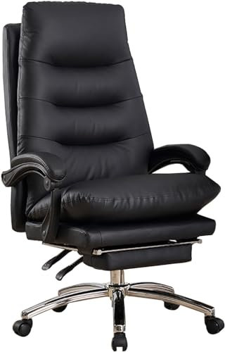 GLETSF Chefsessel, Drehstuhl Aus Echtem Leder, Großer Und Hoher Bürostuhl Mit Fußstütze, Verstellbarer Ledersessel-Black-One Size