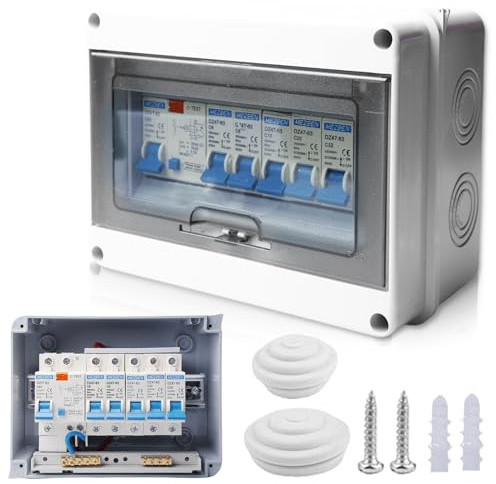 Sicherungskasten Aufputz, Aufputz Verteiler Kleinverteiler, IP65 Wasserdicht Verteilerkasten, Leistungsschalter 63A, Luftschalter AC Trennschalter 2x10A+16A+20A+32A für Zuhause/Büro