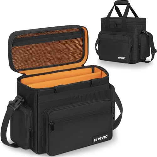 OUUTMEE Borsa per il trasporto di dischi in vinile, impermeabile, per LP da 7/10/12 pollici, custodia per LP con divisori rimovibili per viaggi e organizzazione domestica, Nero-arancione, S-34*34