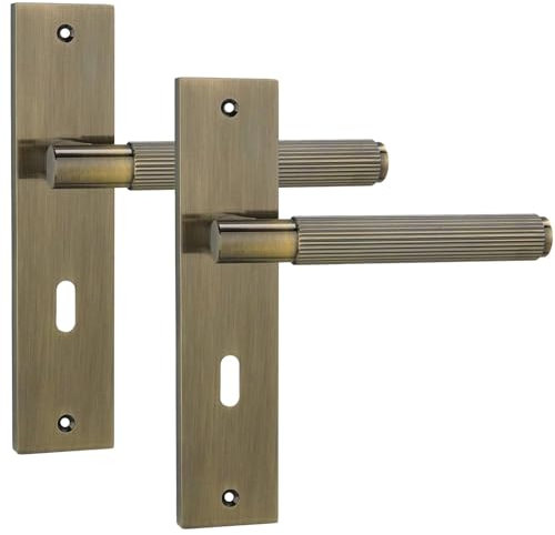 Decoranddecor Hera Antique Brass Keyhole Backplate Door Handles Set – Lever Operation with Knurled Texture for Secure Internal Door Hardware in Traditional and Modern Spaces