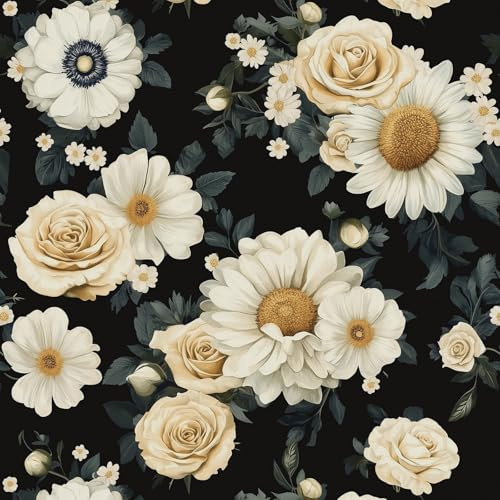 CiCiwind Peel and Stick Wallpaper 44CM×3M Black Floral Contact Paper Self Adhesive Vinyl Wrap Waterproof Sticky Back Plastic Removable Stick on Wallpaper for Wall Cabinets