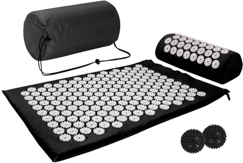 Acupressure Mat, Acupuncture Mat, Massage Mat and Pillow Set with 2pcs Massage Balls, Relieving Neck and Back Pain, Muscle Relaxation and Stress Reduction, Sciatica Relief, Carry a Handbag, Black