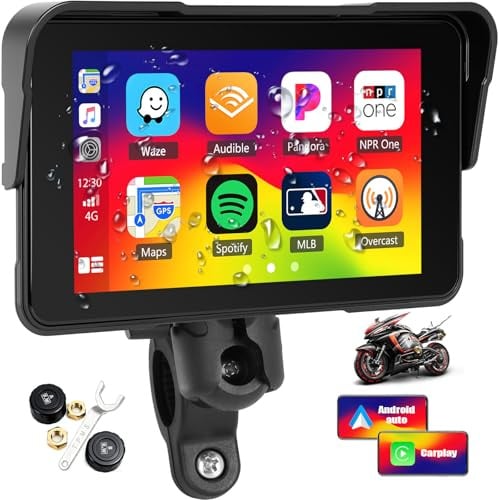 OiLiehu CarPlay portátil inalámbrico GPS para motocicleta y Android Auto, pantalla impermeable de 5 pulgadas con ajuste de brillo, detección de presión de neumáticos, soporte extraíble, Plug and Play