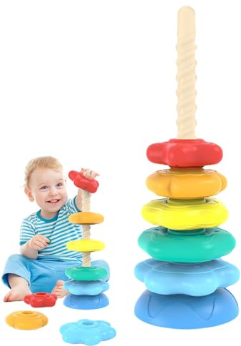 qixeuoa Ring Stapelspiel | Rotierender Ringturm Babyspielzeug,Turm Aktivitätswürfel mit Regenbogenblöcken zum Sortierspiel sowie zur Entwicklung der Feinmotorik als Geburtstagsgeschenk für Kleinkinder
