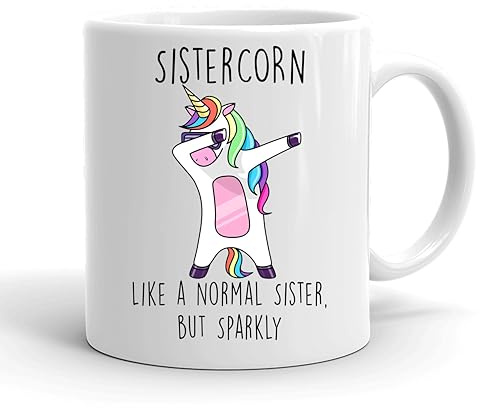VIROSA Funny Sistercorn Mug – Like a Normal Sister, But Sparkly – Cute Unicorn Mug Gift for Sister or Bestie – Birthday, Christmas, or Graduation – 11oz Ceramic Coffee Cup