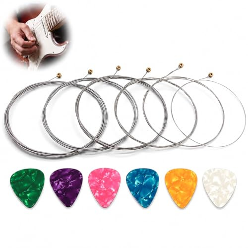 Cuerdas para guitarra eléctrica, juego de cuerdas de guitarra recubiertas de níquel para 9-42, incluye 6 púas para un sonido excelente y duradero, para grabaciones en estudio y actuaciones en directo