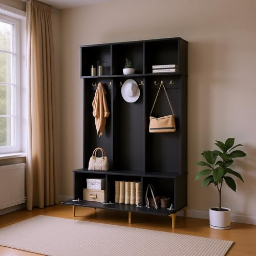 vutizal Garderobenset mit Sitzbank & 6 Goldene Haken | Multifunktionaler Flurschrank mit Schuhschrank & Aufbewahrung | Moderne Flurgarderobe mit Bank für Flur, Wohnzimmer | Schwarz, 120 cm Breite