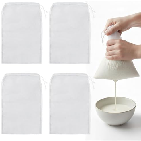 XYGK Reusable Straining Bag, 4 Pcs Fine Mesh Filter Bags, 30 × 20cm | Cheesecloth Drawstring Net Bag, Muslin Cloths Strainer for Cold Brew Coffee, Nut Milk, Soy Milk, Juice, Yogurt, Jam Straining