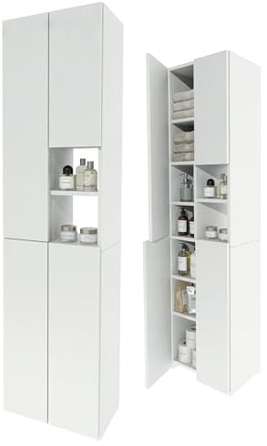 möbelkap Badschrank Hochschrank schmal stehend | Badezimmer Regal mit Stauraum | platzsparender Badezimmerschrank | Weiß
