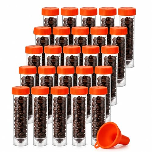 Raoletin 25 Pcs Single Dose Coffee Bean Storage Container, Portable Clear Coffee Dosing Cup Style with Funnel for Beans, Grounds and Tea, Coffee Canister Set for Home Espresso Prep and Travel
