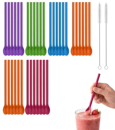 KACZUS 30 Pailles Cuillère pour Granité Réutilisables, Paille 2-en-1 Bubble Tea & Slush | 5 Couleurs Assorties + 2 Brosses de Nettoyage | Pour Cocktails, Smoothies & Boissons Épaisses