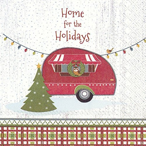 IHR HOME FOR THE HOLIDAYS red retro caravan Cocktail or Tea Napkins paper 25 cm square 20 in pack