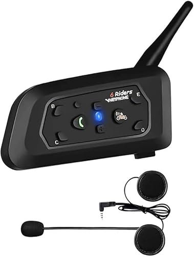 YUZEU V6 Interphone de Casque de Moto, 1200m 6 Riders Mains Libres Bluetooth Intercom avec Microphones Oreillette Antibruit Système de Communication, pour Moto/Vélo/Climing/Ski (1 Pack)