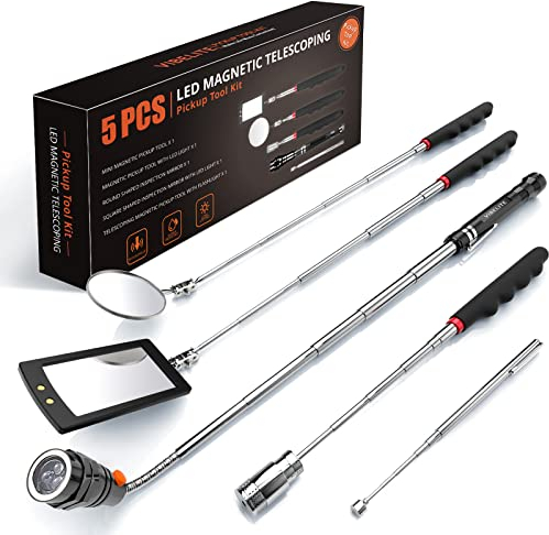 Herramienta telescópica magnética para recoger con barra de recogida de 1 libra y 15 libras, espejo de inspección giratorio ajustable redondo y cuadrado de 360 grados y linterna LED flexible, regalos