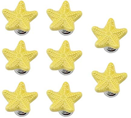 Annakideya Lot de 8 boutons de tiroir en céramique en forme d'étoile de mer jaune avec base en alliage de zinc - Poignées pour placard, commode, armoire