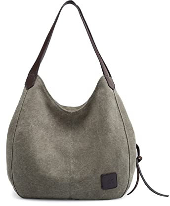 PORRASSO Bolsos de Mujer Lona Bolsa Tote Señoras Bolso de Hombro Vintage Bolso de Mano Ligero para Compras Viajes Escolares Trabajo Verde