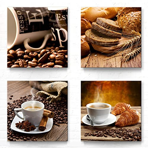 Wandbilder Küche Leinwand, 50x50cm je Motiv. Schöne braune Deko Bilder von Brot, Getreide, Kaffee. Für Küche, Esszimmer, Flur. Moderner Kunstdruck auf Leinwand. Aufhängefertig.