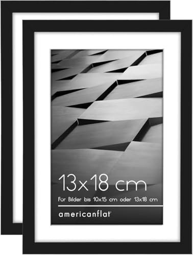 Americanflat Bilderrahmen 13x18 cm Schwarz - 10x15 cm mit Matte - Polierter Plexiglas-Abdeckung - Dünner Rand - Für Wand oder Schreibtisch im Horizontalen oder Vertikalen Format - 2 Stück
