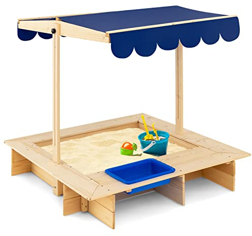 COSTWAY Sandkasten aus Holz, Sandbox mit verstellbarem Dach & seitlicher Eimer, bodenloses Design, Sandkiste für Kinder 115 x 115 x 121 cm