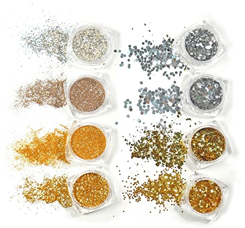 PHOGARY Grob Bastel Glitzer, Gold Silbe Nail Glitter, Nagel Glitzer Festival Holographic Glitzerpulver für Gesicht, Glitzerpuder für Nagel HaarsträHnen Basteln Party Make Up, 1g/Box 8 Pcs