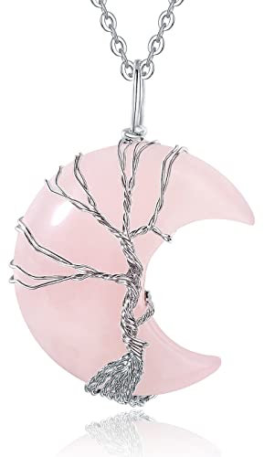 XianNVXI Rose Quartz Crescent Moon Pendant Gemstone Tree of Life Wire Wrapped Reiki Spiritual Necklace for Women