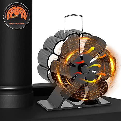 CJBIN Mini Stove Fan With Thermometer - 6 Blade Silent Wood Burner Fan for Log Burner, Fireplace Accessories