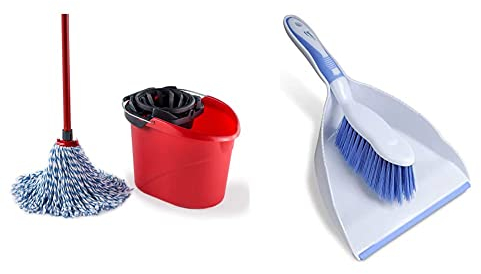 Vileda SuperMocio Microfibre and Cotton Mop and Bucket Set, Mop for Cleaning Floors, Set of 1x Mop and 1x Bucket & Spontex Dustpan and Brush Set