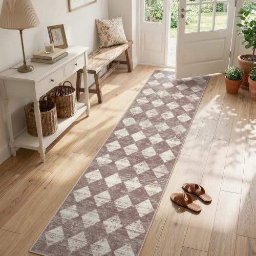 Lahome Moroccan Treills 2x8 Washable Hallway Runner Rug, Non Slip Bathroom Kitchen Carpet Runners, Checkered Modern Soft Runner for Entryway Living Room, Beige