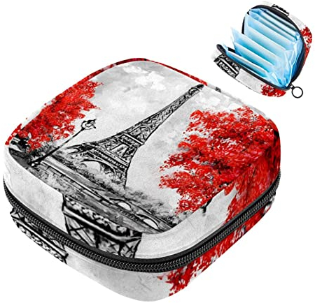 Frankreich Eiffelturm und rote Bäume, Ölgemälde, Paris, Damen-Servietten-Aufbewahrungstasche, tragbare Perioden-Tasche für Frauen, Teenager, Mädchen, Menstruationsbecher, Stilleinlagenhalter