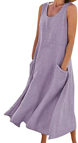 YMING Abiti da Donna in Lino di Cotone a Girocollo con Tasca Abiti Senza Maniche Abiti a Camicia in Tinta Unita Viola L
