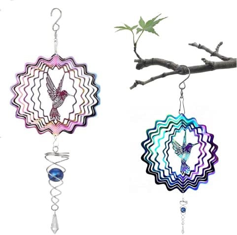 CYNNXIA Wind Spinners for Garden, Hummingbird Hanging Wind Spinners 3D Metal Rotating Wind Chimes With Gazing Ball Spiral Tail for Indoor and Outdoor Yard Kinetic Yard Art Decorations (Brid)