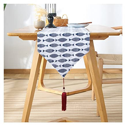 Epinki Tischläufer Abwaschbar, 33x160 cm Baumwolle Tischläufer Abwaschbare Lachs Fisch Muster, Tisch-Deko Tischband für Picknick Party Küche Hochzeit, Marineblau