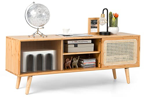 GOPLUS Meuble TV en Bambou pour TV 55, 2 Portes Coulissantes en Rotin et Verre Trempé, Étagère Réglable, Pieds en Bois d'Hévéa, Style Moderne pour Salon, Chambre, Entrée, 120,5X31X45,5 CM