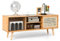 GOPLUS Meuble TV en Bambou pour TV 55, 2 Portes Coulissantes en Rotin et Verre Trempé, Étagère Réglable, Pieds en Bois d'Hévéa, Style Moderne pour Salon, Chambre, Entrée, 120,5X31X45,5 CM