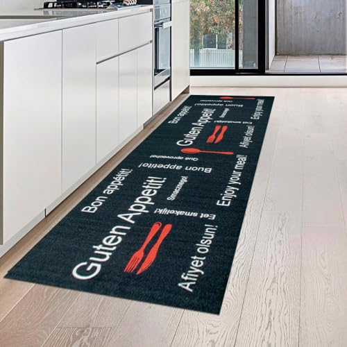 Teppich-Traum Guten Appetit Küchenläufer in schwarz mit Gelrücken und weiß & rotem Schriftzug, 80 x 200 cm